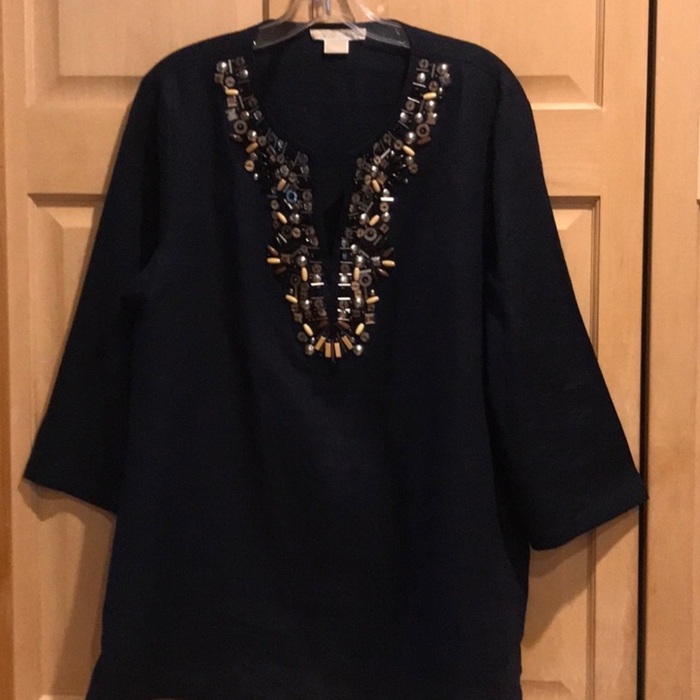 Michael Kors Black Beaded V-Neck Tunic Top